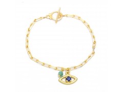 Brass Gold Plated Blue Sapphire, Aqua Chalcedony Gemstone Chain Bracelets- A1B-10267