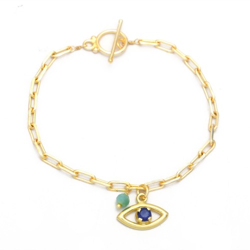 Brass Gold Plated Blue Sapphire, Aqua Chalcedony Gemstone Chain Bracelets- A1B-10267