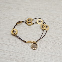 925 Sterling Silver Gold Plated Metal Round Finding Smoky Gemstone With Brown Leather Bracelets- A1B-1441