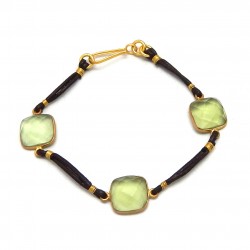 Brass Gold Plated Green Amethyst Gemstone With Brown Leather Bracelets- A1B-1509