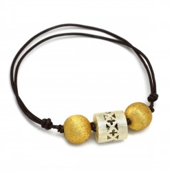 Brass Gold, Silver Plated Metal Ball, Drum With Brown Leather Bracelets- A1B-1635