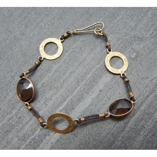 925 Sterling Silver Gold Plated Smoky Gemstone With Brown Leather Bracelets- A1B-1769