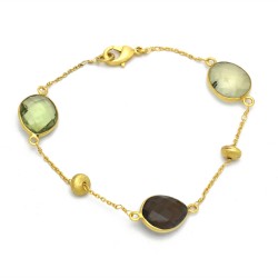 Brass Gold Plated Prehnite, Smoky, Green Amethyst Gemstone With Round Metal Finding Bracelets- A1B-1798