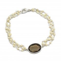 Brass Silver Plated Pearl, Smoky Gemstone Chain Bracelets- A1B-1854