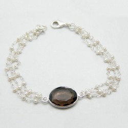 Brass Silver Plated Pearl, Smoky Gemstone Chain Bracelets- A1B-1854