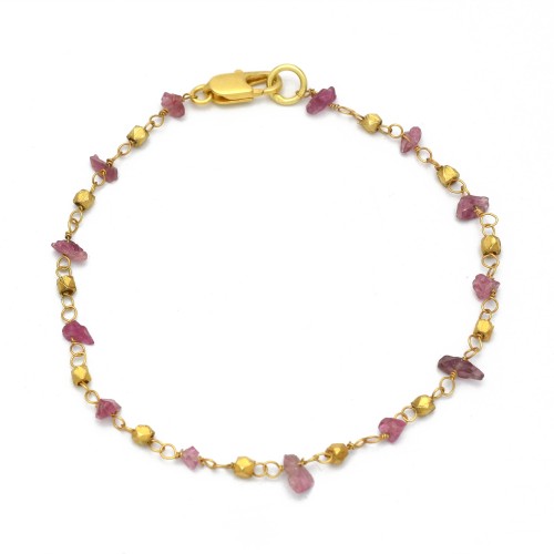 Brass Gold Plated Crystal, Pink Tourmaline Gemstone With Metal Beads Bracelets- A1B-194
