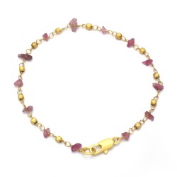 Brass Gold Plated Crystal, Pink Tourmaline Gemstone With Metal Beads Bracelets- A1B-194