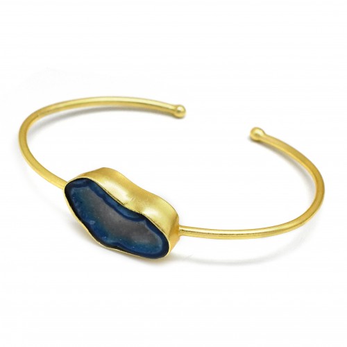Brass Gold Plated Blue Druzy Gemstone Adjustable Bangles- A1B-412
