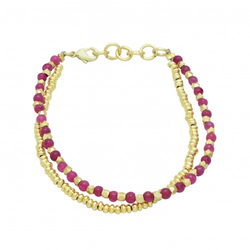 Brass Gold Plated Pink Quartz Gemstone With Metal Beads Bracelets- A1B-4130