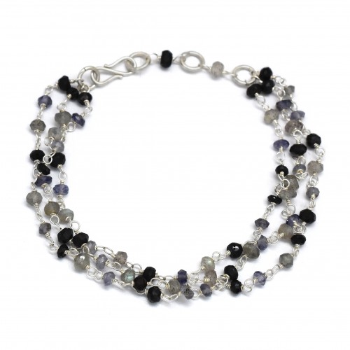 Brass Silver Plated Iolite, Black Onyx, Labradorite Gemstone Bracelets- A1B-6059