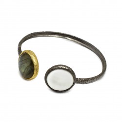 Brass Gold, Black Rhodium Plated Labradorite, White Onyx Gemstone Adjustable Bangles- A1B-7009