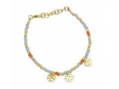 Brass Gold Plated Aqua Chalcedony, Carnelian Gemstone With Metal Beads And Round Hammered Disc Bracelets- A1B-8241