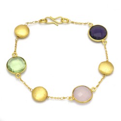 Brass Gold Plated Rose Quartz, Amethyst, Green Amethyst Gemstone Bracelets- A1B-9627