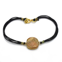 Brass Gold Plated Druzy Gemstone With Black Leather Bracelets- A1B-9936