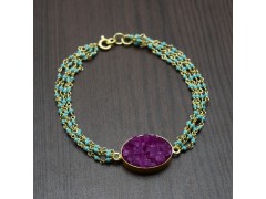 925 Sterling Silver Gold Plated Druzy, Turquoise Gemstone Chain Bracelets- A1B-9948