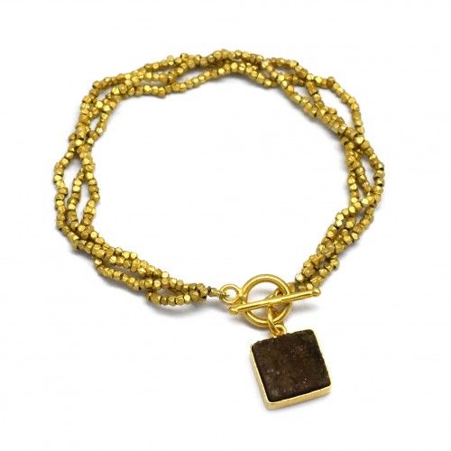 Brass Gold Plated Metal Beads With Brown Druzy Gemstone Bracelets- A1B-9997
