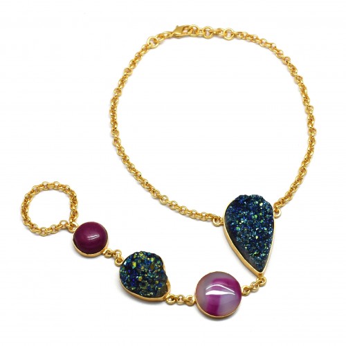 Brass Gold Plated Druzy, Pink Quartz, Agate Gemstone Bracelets- CDB-2626
