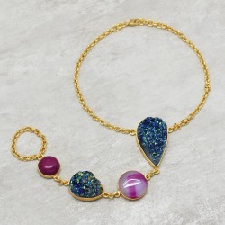 Brass Gold Plated Druzy, Pink Quartz, Agate Gemstone Bracelets- CDB-2626
