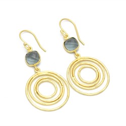 Brass Gold Plated London Blue Topaz Gemstone Dangle Earrings- A1E-10110