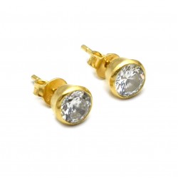 Brass Gold Plated White CZ, Smoky and Aqua Chalcedony Gemstone Stud Earrings - A1E-102