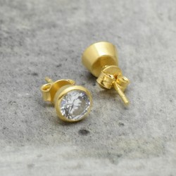 Brass Gold Plated White CZ and Aqua Chalcedony Gemstone Stud Earrings - A1E-102