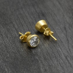 Brass Gold Plated White CZ and Aqua Chalcedony Gemstone Stud Earrings - A1E-102
