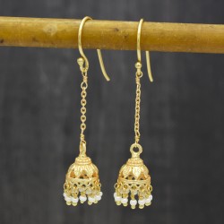 Brass Gold Plated Pearl Gemstone Jhumki Dangle Earrings- A1E-10446