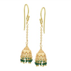 Brass Gold Plated Green Onyx Gemstone Jhumki Dangle Earrings- A1E-10446