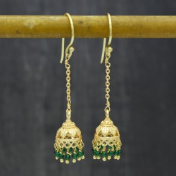 Brass Gold Plated Green Onyx Gemstone Jhumki Dangle Earrings- A1E-10446