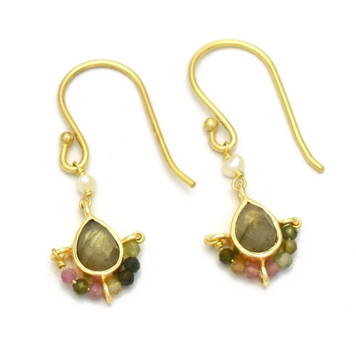 Brass Gold Plated Pearl, Labradorite, Multi Tourmaline Gemstone Dangle Earrings- A1E-10448