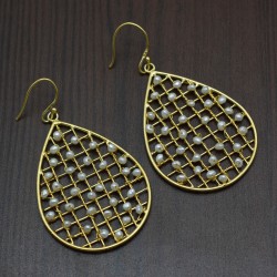 Brass Gold Plated Pearl Gemstone Dangle Earrings- A1E-1111