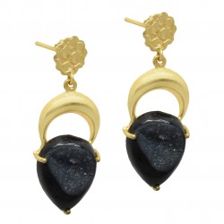 Brass Gold Plated Black Druzy Gemstone Stud Earrings- A1E-127