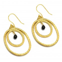 925 Sterling Silver Gold Plated Black Onyx Gemstone Dangle Earrings- A1E-1317