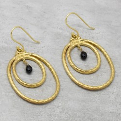 925 Sterling Silver Gold Plated Black Onyx Gemstone Dangle Earrings- A1E-1317