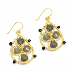 925 Sterling Silver Gold Plated Labradorite, Black Onyx Gemstone Dangle Earrings- A1E-1340