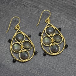 925 Sterling Silver Gold Plated Labradorite, Black Onyx Gemstone Dangle Earrings- A1E-1340