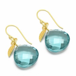 Brass Gold Plated Aqua Color Crystal Gemstone With Leaf Dangle Earrings- A1E-1346