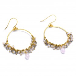 925 Sterling Silver Gold Plated Rose Quartz, Labradorite Gemstone Dangle Earrings- A1E-1349