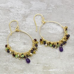 925 Sterling Silver Gold Plated Multi Beads Gemstone Dangle Earrings- A1E-1349