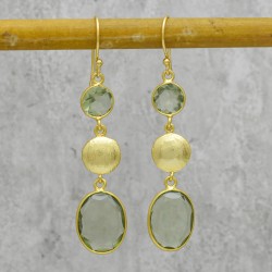 Brass Gold Plated Green Amethyst Gemstone Dangle Earrings- A1E-1394