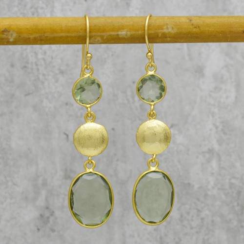 Brass Gold Plated Green Amethyst Gemstone Dangle Earrings- A1E-1394