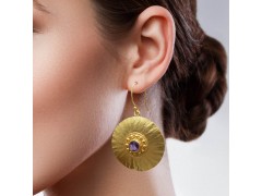 925 Sterling Silver Gold Plated Amethyst Gemstone Dangle Earrings- A1E-1438