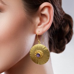 925 Sterling Silver Gold Plated Amethyst Gemstone Dangle Earrings- A1E-1438