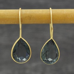 Brass Gold And Black Rhodium Plated London Blue Topaz Gemstone Dangle Earrings- A1E-144