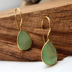 Brass Gold Plated Green Chalcedony Gemstone Dangle Earrings- A1E-144