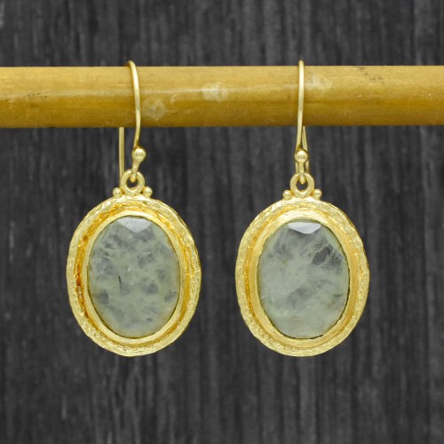 Brass Gold Plated Prehnite Gemstone Dangle Earrings- A1E-1504