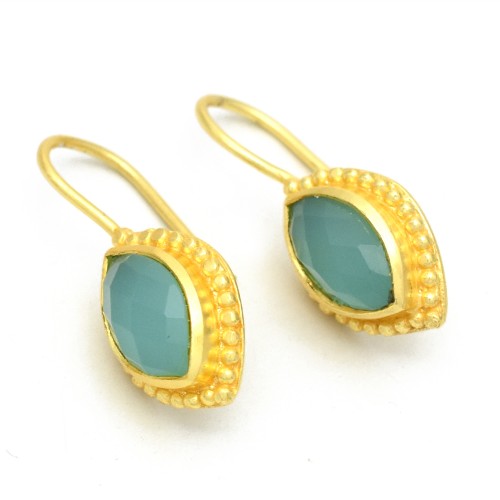 Brass Gold Plated Aqua Chalcedony Gemstone Dangle Earrings- A1E-164