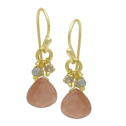 925 Sterling Silver Gold Plated Peach Moon Stone, Labradorite, Ruby Gemstone Dangle Earrings- A1E-169