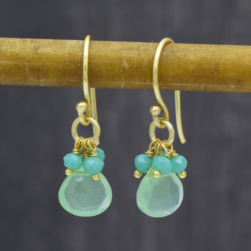 Brass Gold Plated Aqua Chalcedony, Green Chalcedony Gemstone Dangle Earrings- A1E-169