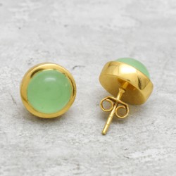 925 Sterling Silver Gold Plated Green Chalcedony, Carnelian Gemstone Stud Earrings- A1E-173